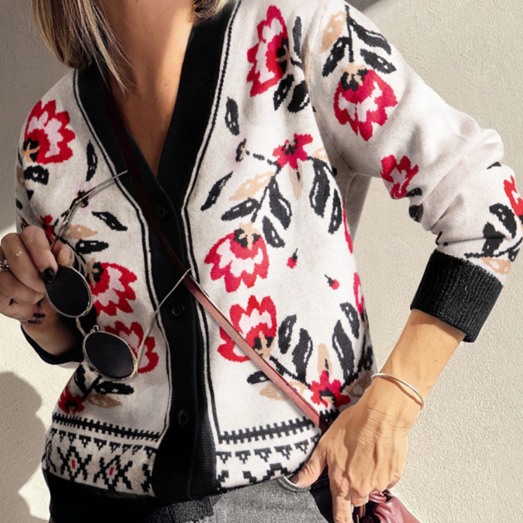 Red and Black Floral Print Button Down V-Neck Knit Cardigan