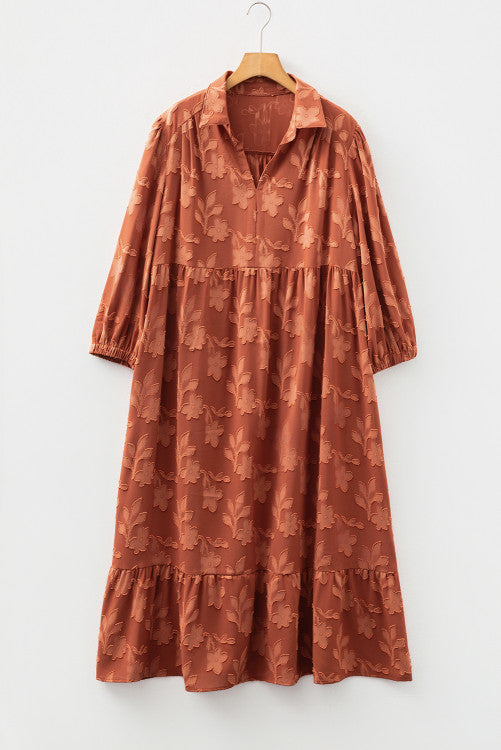 Fall Rust Texture Appliqué Floral Ruffly Plus Size Midi Dress