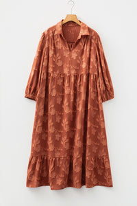 Fall Rust Texture Appliqué Floral Ruffly Plus Size Midi Dress