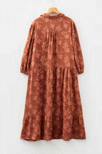 Fall Rust Texture Appliqué Floral Ruffly Plus Size Midi Dress