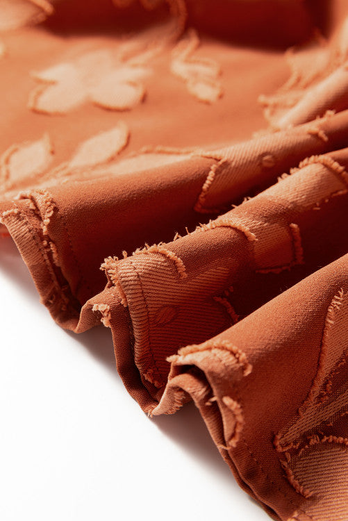 Fall Rust Texture Appliqué Floral Ruffly Plus Size Midi Dress