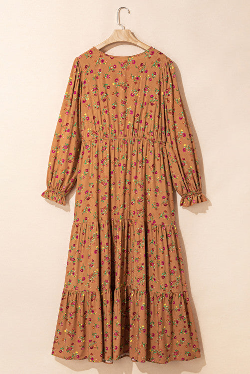 Brown Plus Size Fall Floral V-Neck Ruffled Sleeve Tiered Maxi Dress