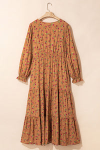 Brown Plus Size Fall Floral V-Neck Ruffled Sleeve Tiered Maxi Dress