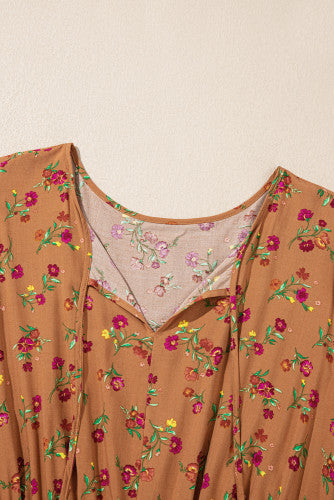 Brown Plus Size Fall Floral V-Neck Ruffled Sleeve Tiered Maxi Dress