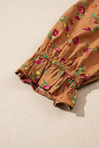 Brown Plus Size Fall Floral V-Neck Ruffled Sleeve Tiered Maxi Dress