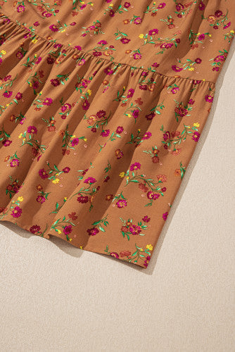 Brown Plus Size Fall Floral V-Neck Ruffled Sleeve Tiered Maxi Dress