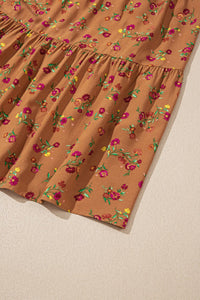 Brown Plus Size Fall Floral V-Neck Ruffled Sleeve Tiered Maxi Dress