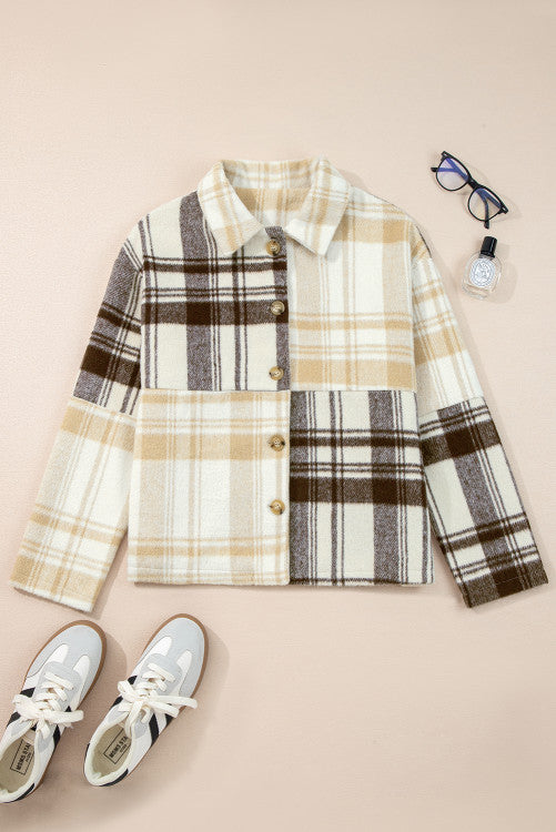 Cream Brown Plaid Button Up Lightweight Jacket