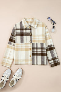Cream Brown Plaid Button Up Lightweight Jacket
