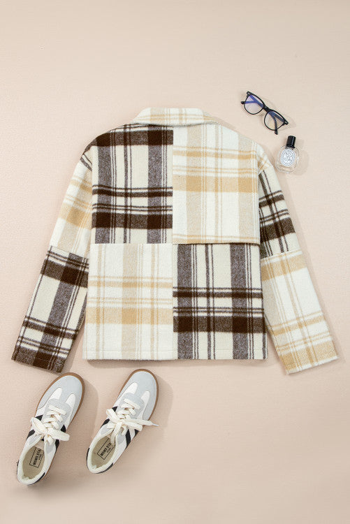 Cream Brown Plaid Button Up Lightweight Jacket