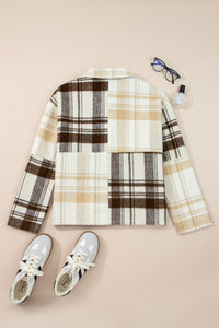 Cream Brown Plaid Button Up Lightweight Jacket