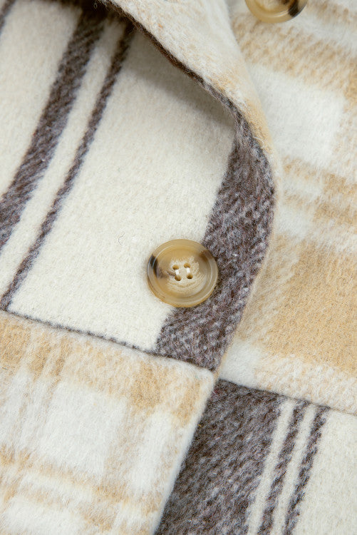 Cream Brown Plaid Button Up Lightweight Jacket