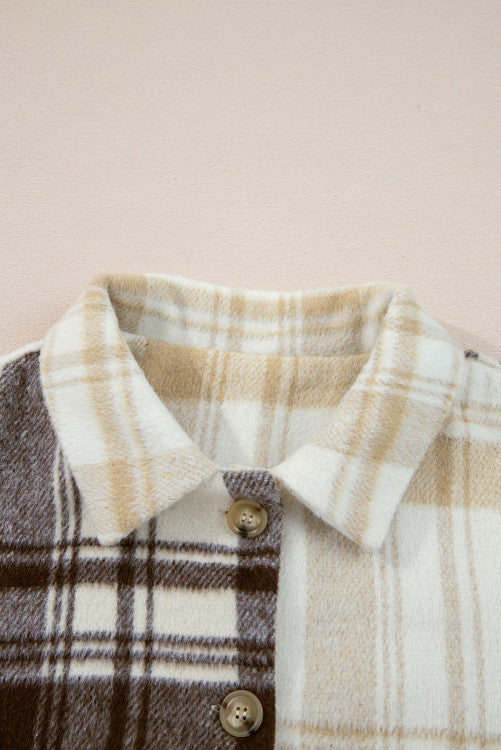 Cream Brown Plaid Button Up Lightweight Jacket