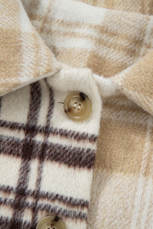 Cream Brown Plaid Button Up Lightweight Jacket