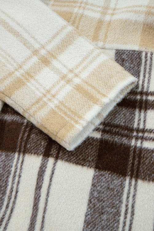 Cream Brown Plaid Button Up Lightweight Jacket