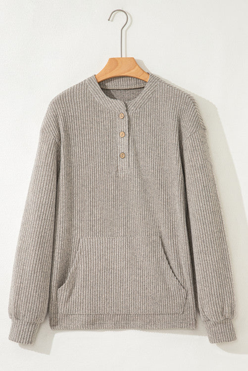 Taupe Drop Shoulder 1/4 Button Down Kangaroo Pocket Knit Top