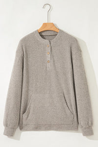 Taupe Drop Shoulder 1/4 Button Down Kangaroo Pocket Knit Top