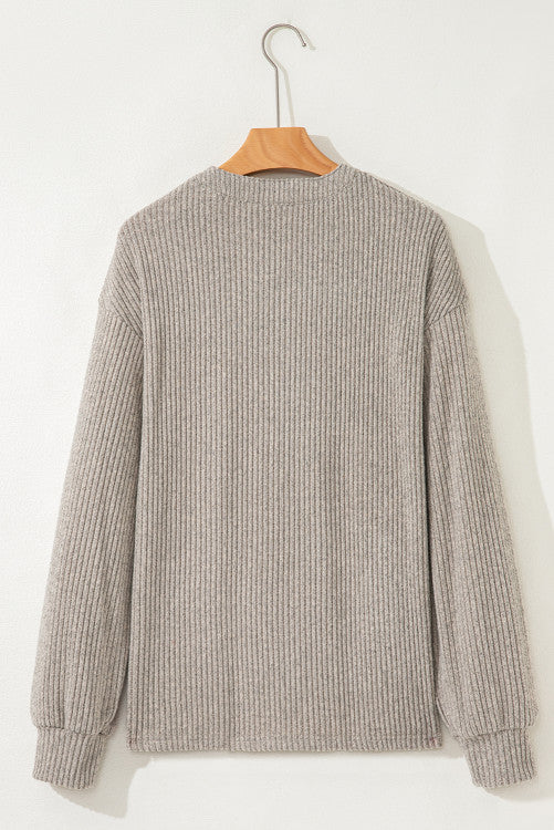 Taupe Drop Shoulder 1/4 Button Down Kangaroo Pocket Knit Top