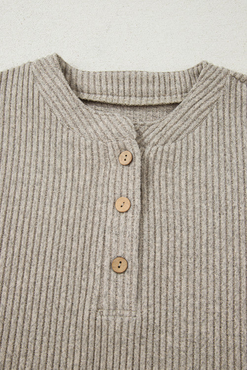 Taupe Drop Shoulder 1/4 Button Down Kangaroo Pocket Knit Top