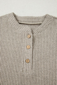Taupe Drop Shoulder 1/4 Button Down Kangaroo Pocket Knit Top
