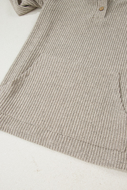 Taupe Drop Shoulder 1/4 Button Down Kangaroo Pocket Knit Top