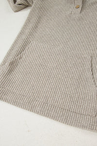 Taupe Drop Shoulder 1/4 Button Down Kangaroo Pocket Knit Top