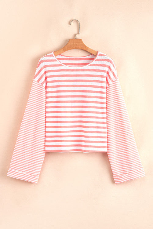Pink Stripe Thermal Dropped Shoulder Bell Sleeve Top
