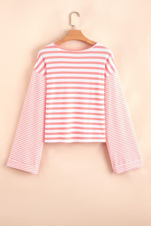 Pink Stripe Thermal Dropped Shoulder Bell Sleeve Top