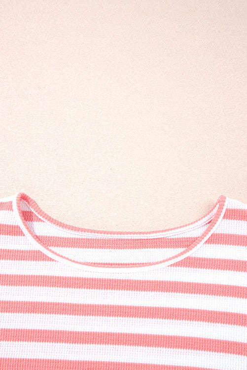 Pink Stripe Thermal Dropped Shoulder Bell Sleeve Top