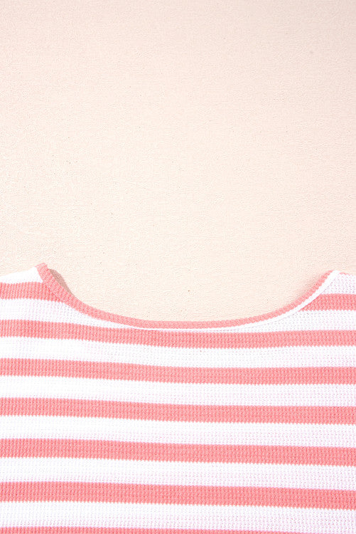 Pink Stripe Thermal Dropped Shoulder Bell Sleeve Top