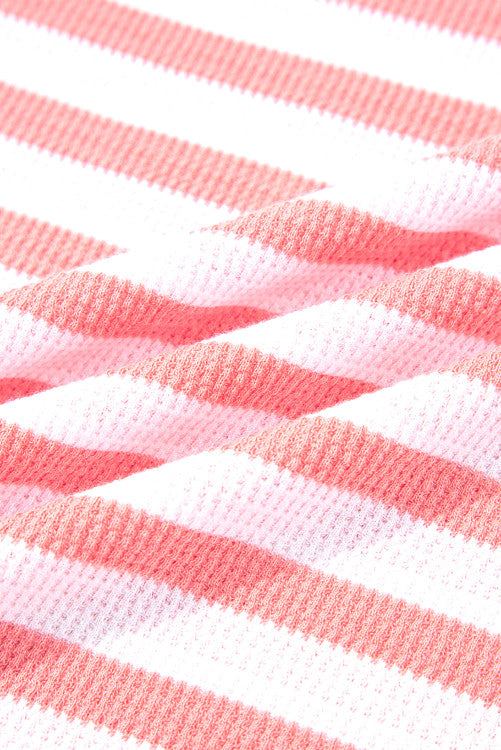 Pink Stripe Thermal Dropped Shoulder Bell Sleeve Top