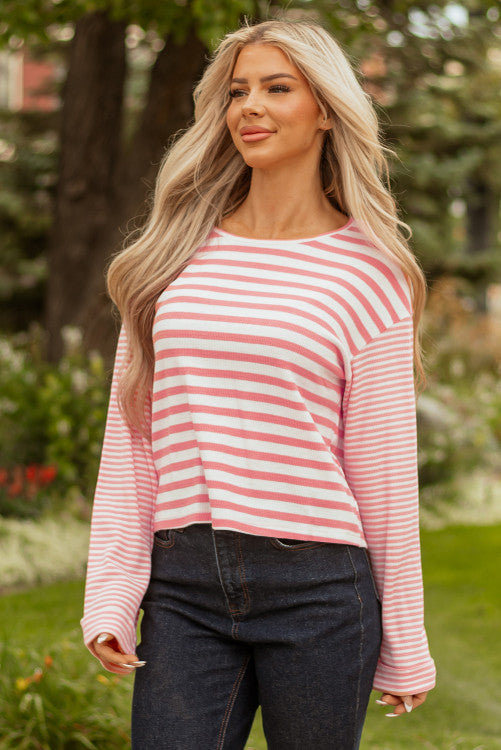 Pink Stripe Thermal Dropped Shoulder Bell Sleeve Top