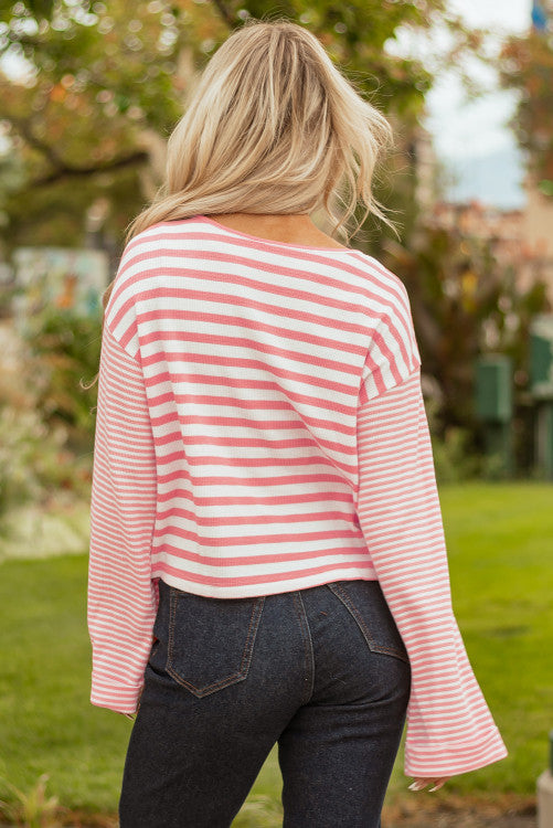 Pink Stripe Thermal Dropped Shoulder Bell Sleeve Top