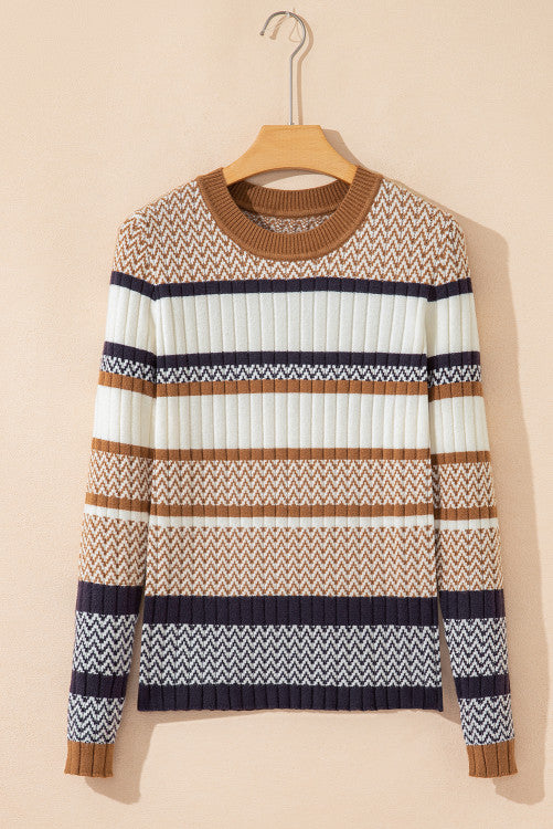 Brown Rust Stripe Rib Knit Fitted Crew Neck Sweater