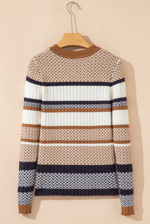 Brown Rust Stripe Rib Knit Fitted Crew Neck Sweater
