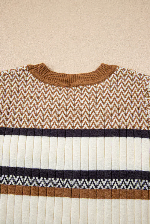 Brown Rust Stripe Rib Knit Fitted Crew Neck Sweater