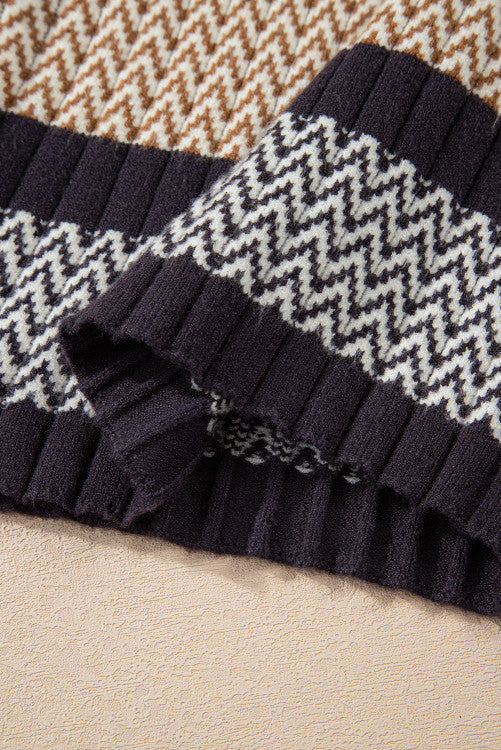 Brown Rust Stripe Rib Knit Fitted Crew Neck Sweater