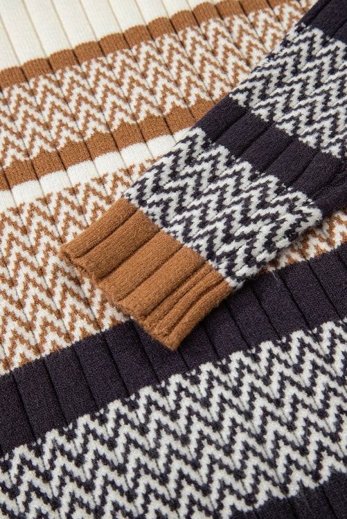 Brown Rust Stripe Rib Knit Fitted Crew Neck Sweater