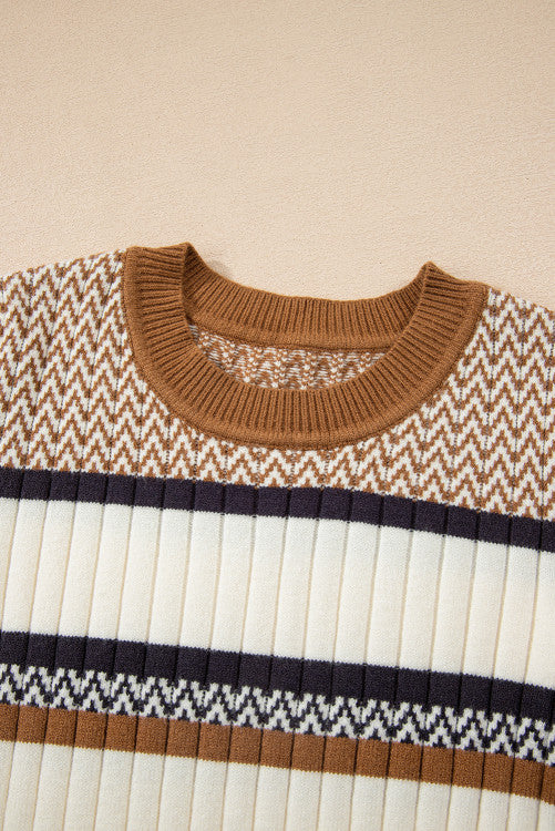 Brown Rust Stripe Rib Knit Fitted Crew Neck Sweater