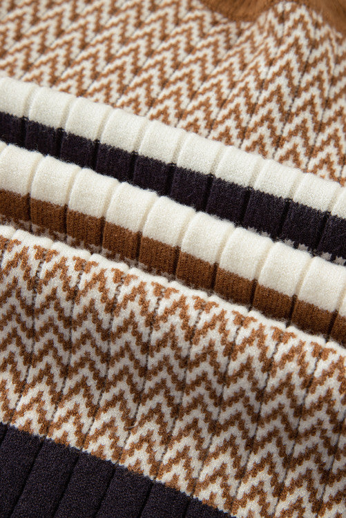 Brown Rust Stripe Rib Knit Fitted Crew Neck Sweater