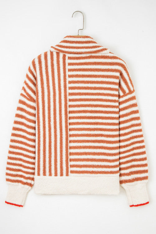 Rust Orange Stripe Cowl Neck Drop Shoulder Sweater