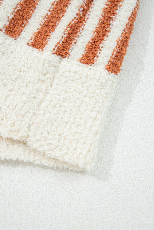 Rust Orange Stripe Cowl Neck Drop Shoulder Sweater