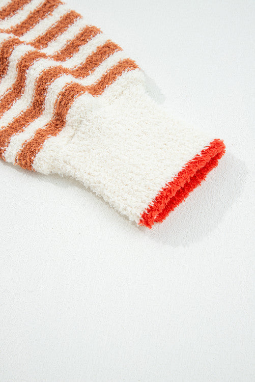 Rust Orange Stripe Cowl Neck Drop Shoulder Sweater