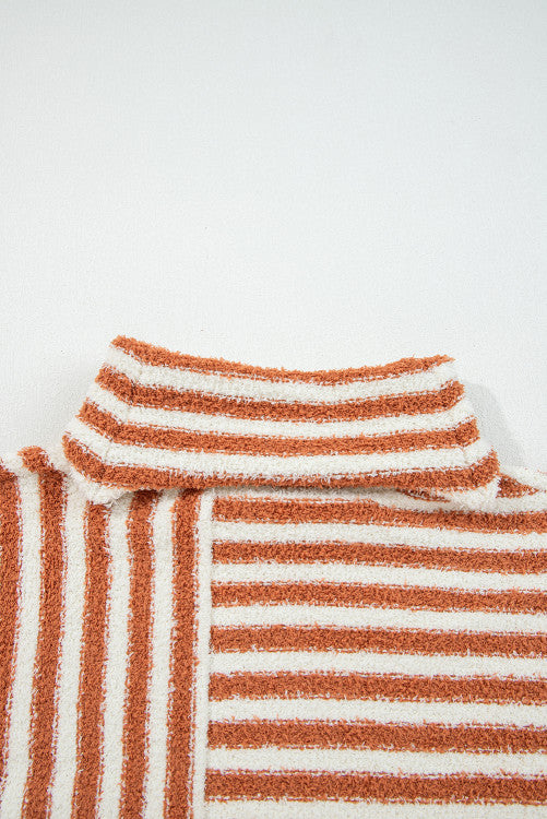 Rust Orange Stripe Cowl Neck Drop Shoulder Sweater