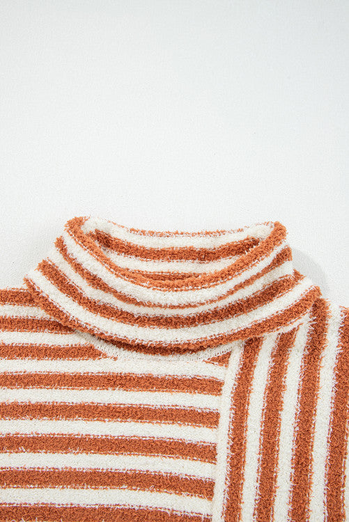 Rust Orange Stripe Cowl Neck Drop Shoulder Sweater