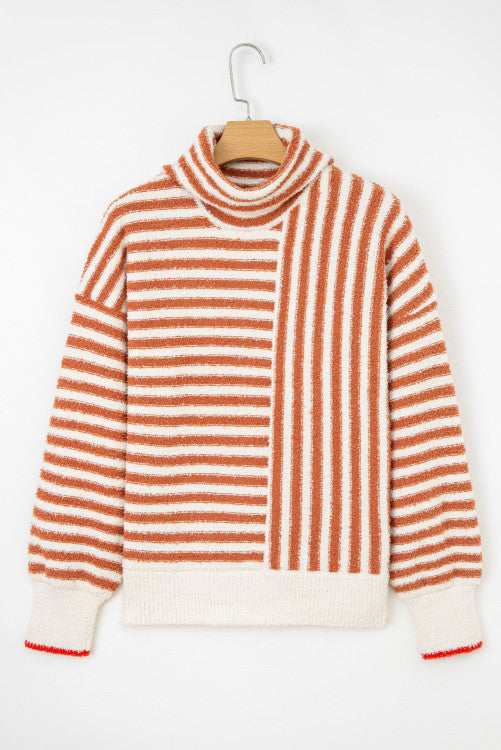 Rust Orange Stripe Cowl Neck Drop Shoulder Sweater