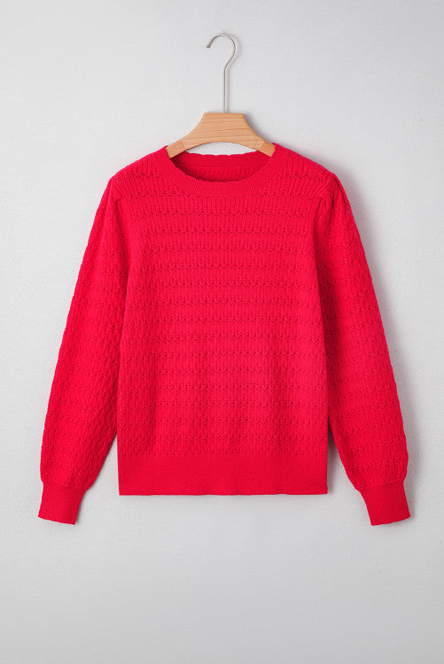 Texture Knit Ruched Shoulder Crew Neck Sweater