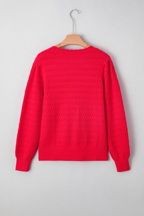 Texture Knit Ruched Shoulder Crew Neck Sweater