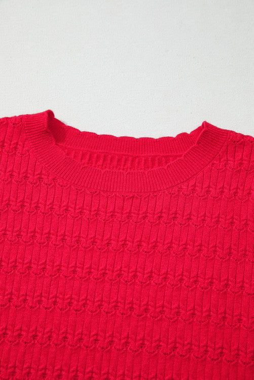 Texture Knit Ruched Shoulder Crew Neck Sweater