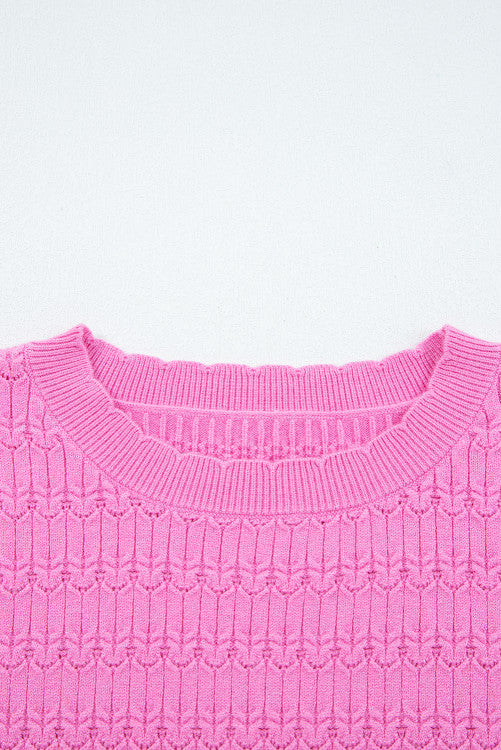 Texture Knit Ruched Shoulder Crew Neck Sweater